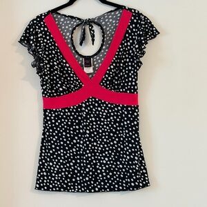 Wrapper Black Polka Dot With Fuchsia Accents Blouse Size L